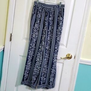 Seven Sisters Navy & White Boho Floral Tied Waist Wide Leg Pull On Pants M